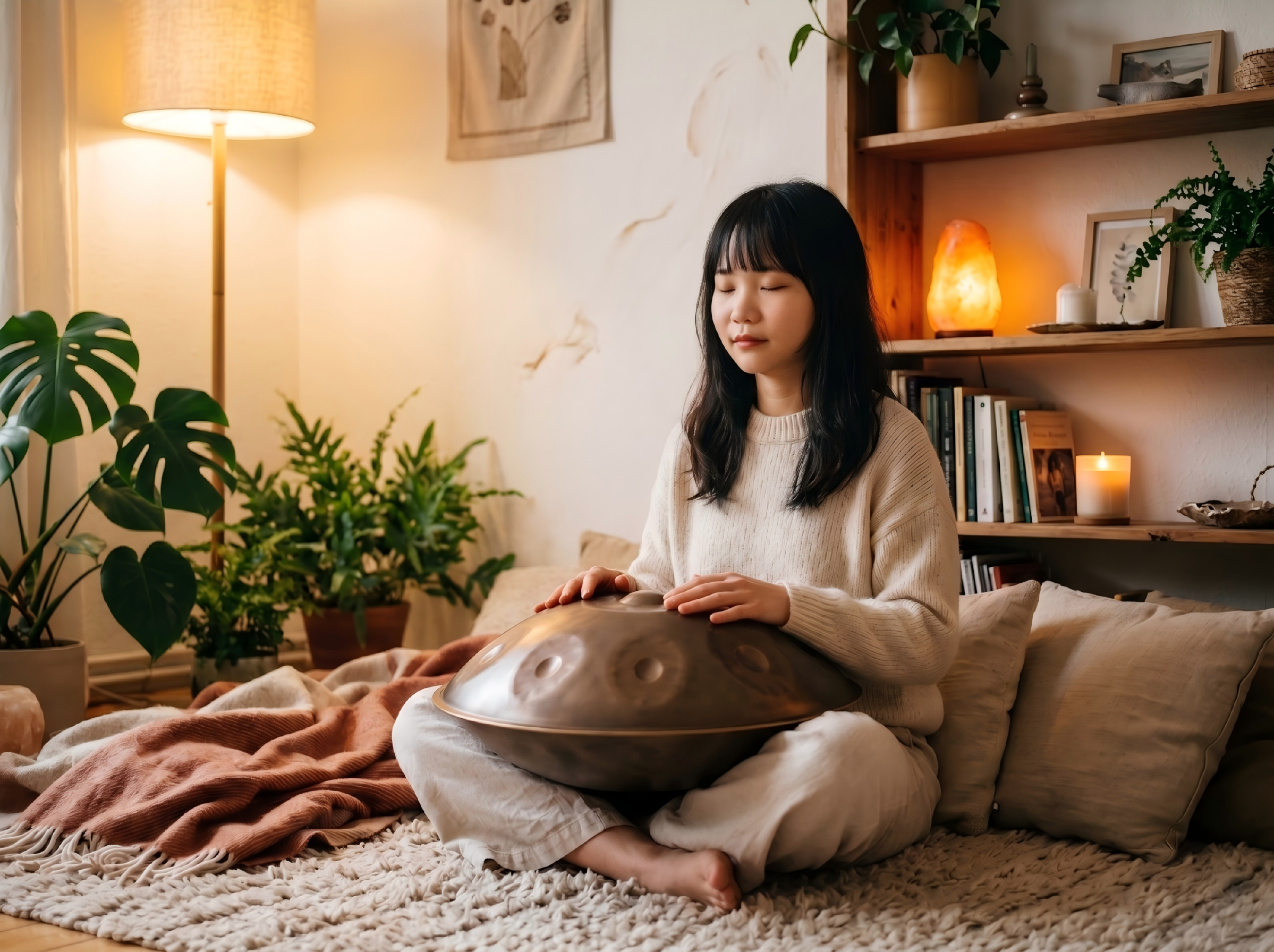 Person meditating with a handpan in a softly lit room