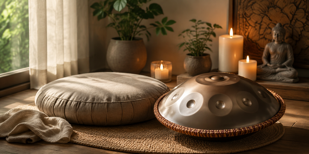 A handpan resting beside a meditation cushion in soft candlelight, conveying stillness and calm.