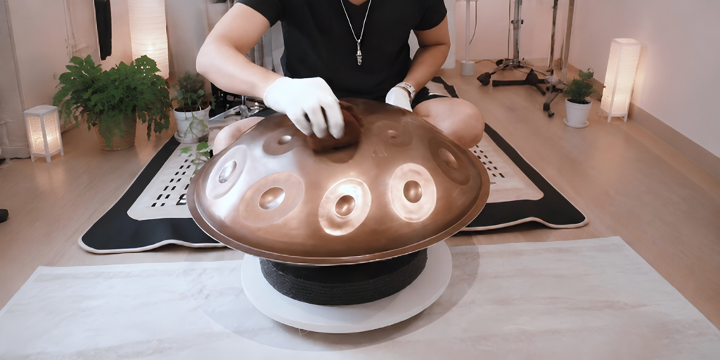 A hand wiping a handpan surface with a microfiber cloth.