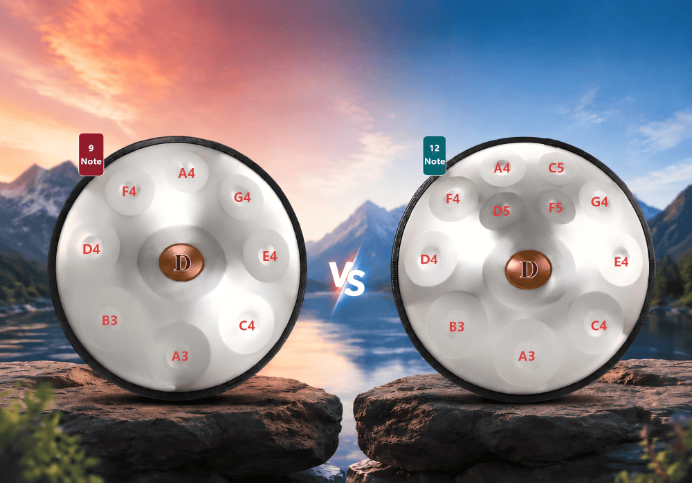 Top-down comparison of 9-note vs 12-note handpan layout, with extra tone fields highlighted for meditation players.