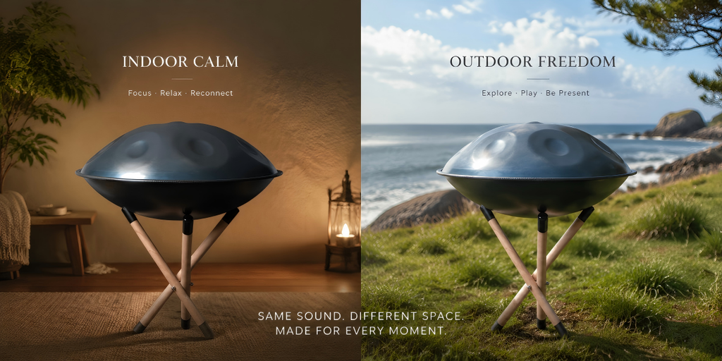 A handpan in two settings — peaceful indoor warm light suggesting nitrided steel, and bright outdoor natural light suggesting stainless steel.