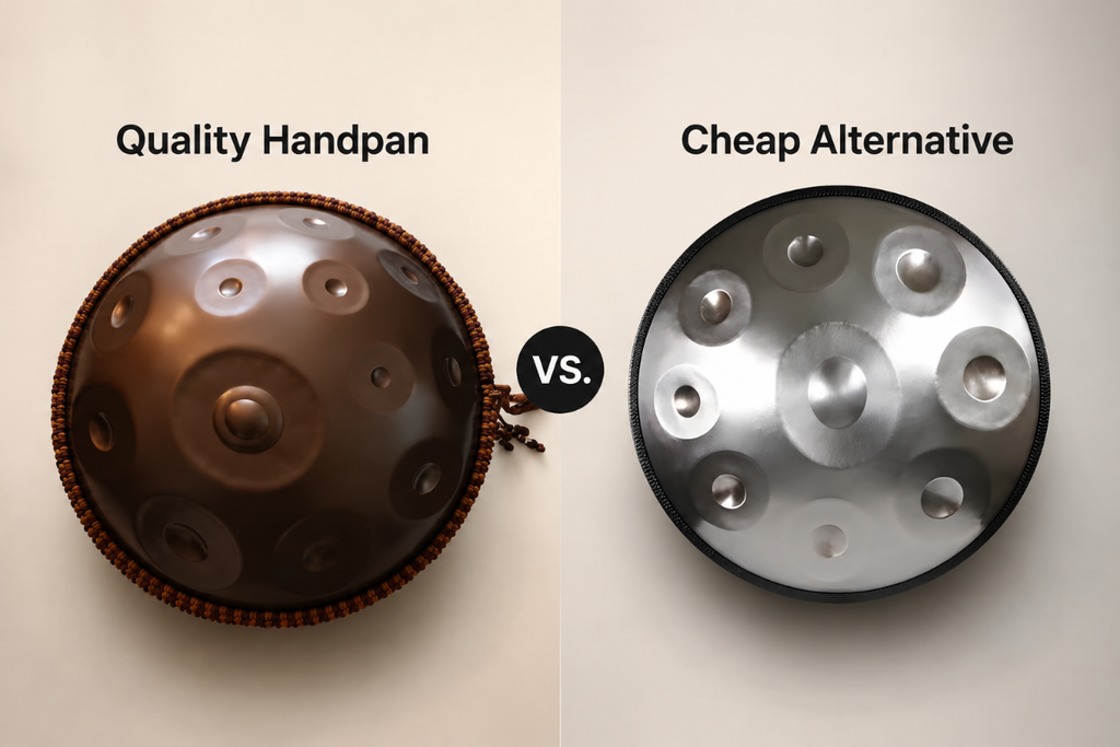 Comparison showing a quality handpan with clear tone fields and even surface versus a cheap handpan with blurry tone fields and rough finish.