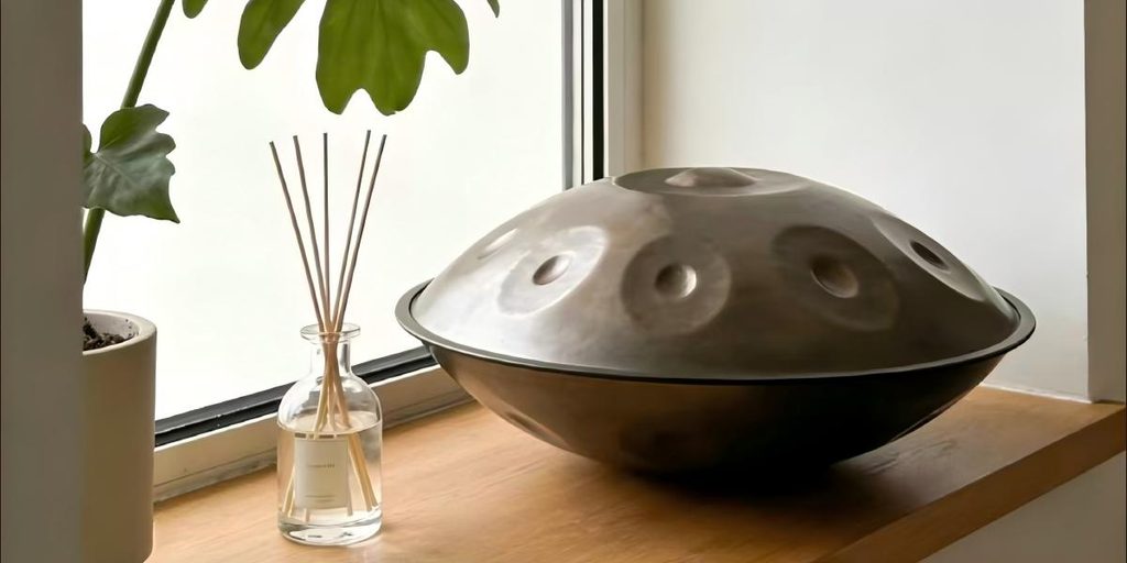 Person filming a handpan in a naturally lit room, capturing an authentic unedited demo.