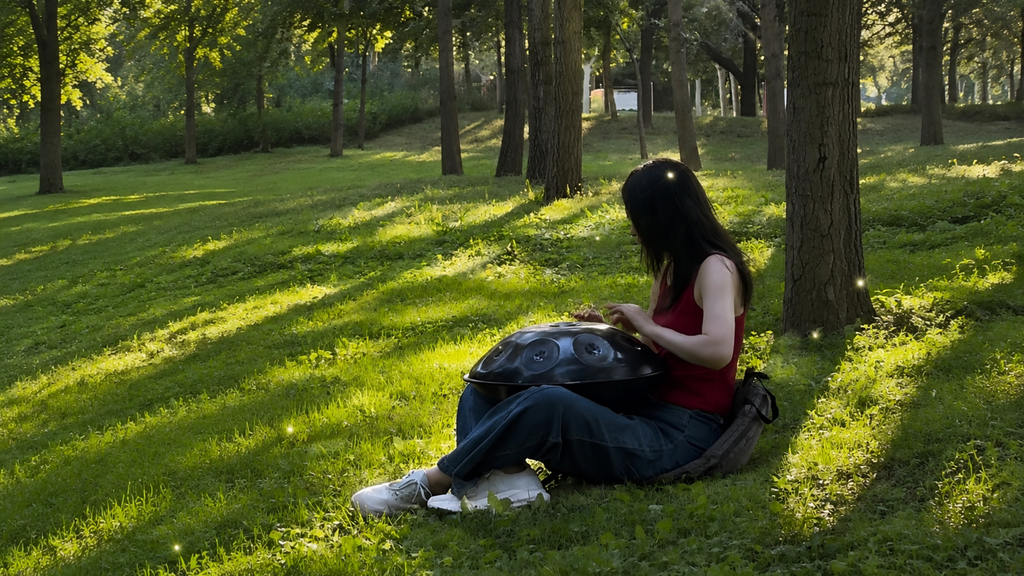 A lady playing handpan in warm golden sunset light, peacefully.